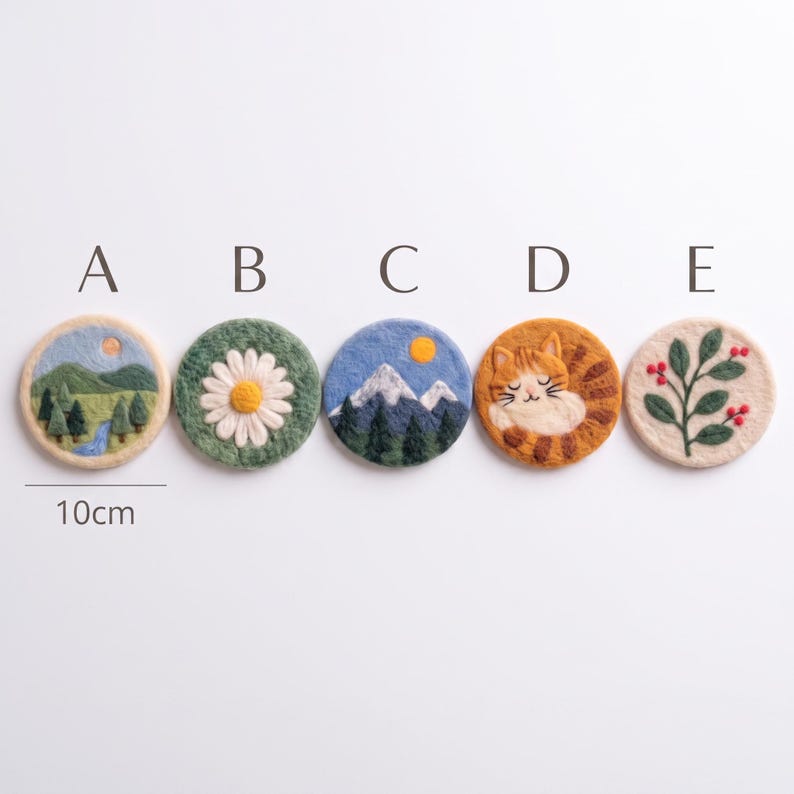 Needle Felted Wool Coasters Set, Cat Daisy Mountain Meadow Designs, 10 cm Round Drink Mug Mats for Coffee Tea, Desk Decor