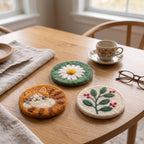Needle Felted Wool Coasters Set, Cat Daisy Mountain Meadow Designs, 10 cm Round Drink Mug Mats for Coffee Tea, Desk Decor
