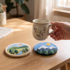 Needle Felted Wool Coasters Set, Cat Daisy Mountain Meadow Designs, 10 cm Round Drink Mug Mats for Coffee Tea, Desk Decor