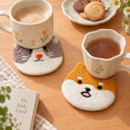 Wool Felt Drink Coaster Set - Cat or Shiba Inu Design - 12x12 cm - Handmade Animal Home Decor, Coffee Table Mat, Pet Lover Gift