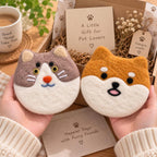Wool Felt Drink Coaster Set - Cat or Shiba Inu Design - 12x12 cm - Handmade Animal Home Decor, Coffee Table Mat, Pet Lover Gift