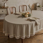 Waterproof Oval & Round Oilcloth Tablecloth, Oatmeal Beige Linen Texture, Large Dining Table Cover with Fringe
