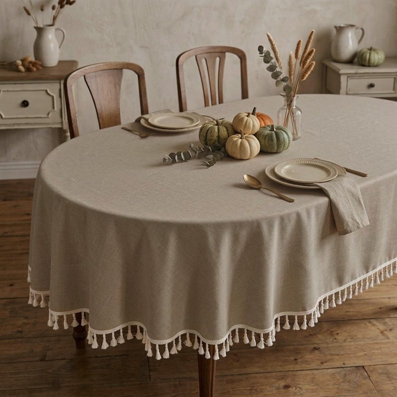 Waterproof Oval & Round Oilcloth Tablecloth, Oatmeal Beige Linen Texture, Large Dining Table Cover with Fringe