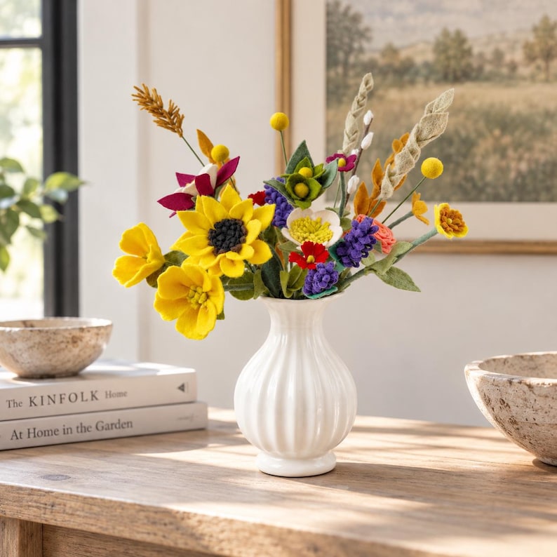 Handmade Felt Flower Bouquet, Wildflower Arrangement with Sunflower, Wool Blend Felt, Multicolor Floral Home Decor