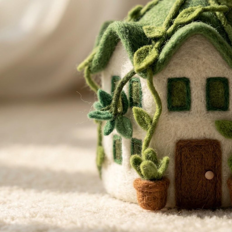 Handmade Needle Felted Mini Fairy Woodland Cottage | 6–8cm Tiny Wool Fairy House Decor