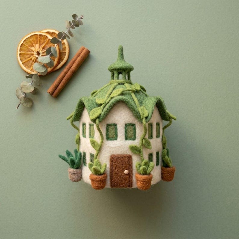 Handmade Needle Felted Mini Fairy Woodland Cottage | 6–8cm Tiny Wool Fairy House Decor