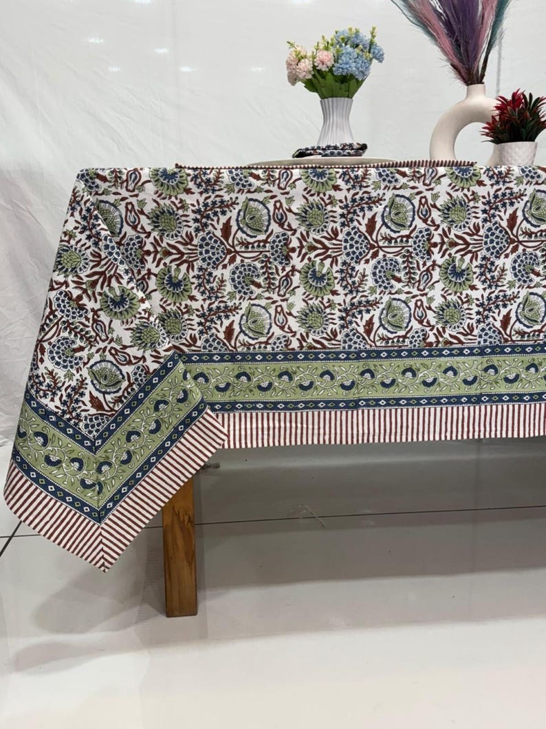 Cotton Block Print Tablecloth Floral Square Rectangle Round Dining Table Cover Handmade Boho