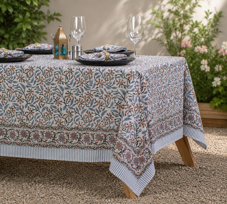 Cotton Block Print Tablecloth Floral Square Rectangle Round Dining Table Cover Handmade Boho