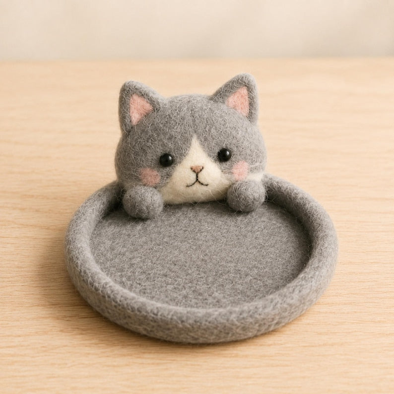 Animal Wool Felt Coasters, Set of 6 Round Drink Mats, Bear Bunny Fox Frog Cat Dog Designs, Multicolor, 10cm Diameter