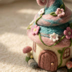 Handmade Needle Felted Fairy Cottage with Flowers & Mushrooms | 6–8cm Wool Fairy House Decor