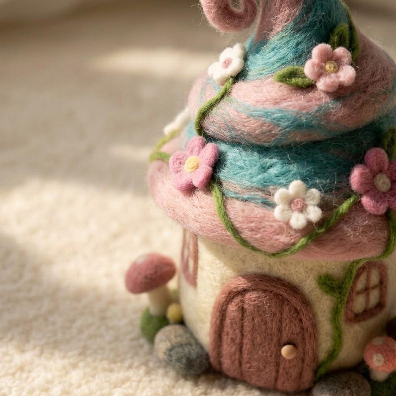 Handmade Needle Felted Fairy Cottage with Flowers & Mushrooms | 6–8cm Wool Fairy House Decor