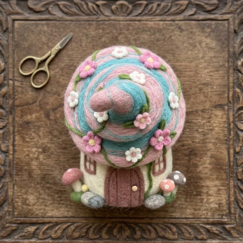 Handmade Needle Felted Fairy Cottage with Flowers & Mushrooms | 6–8cm Wool Fairy House Decor