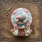 Handmade Needle Felted Fairy Cottage with Flowers & Mushrooms | 6–8cm Wool Fairy House Decor