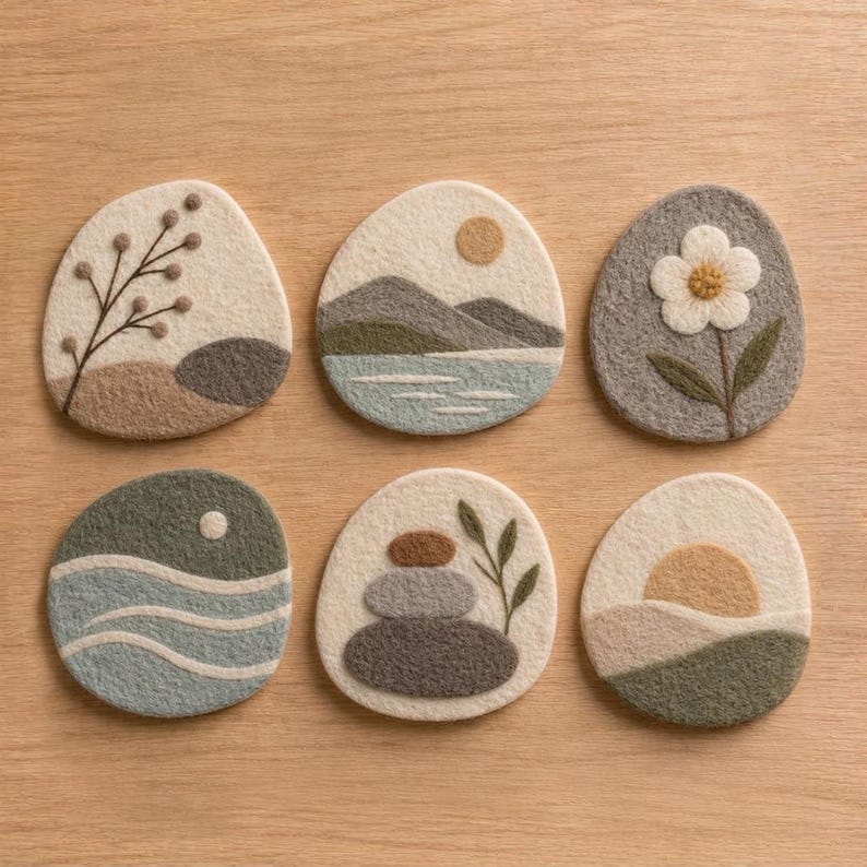 Wool Felt Coasters Set, 10 cm Pebble Mug Mats, Landscape Designs, 6 Styles, Natural Wool