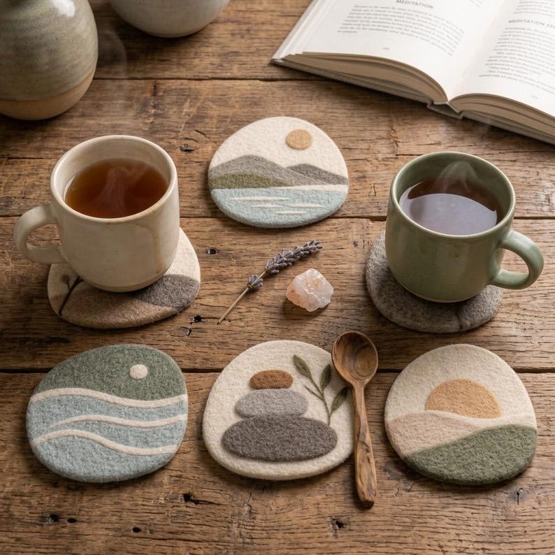 Wool Felt Coasters Set, 10 cm Pebble Mug Mats, Landscape Designs, 6 Styles, Natural Wool