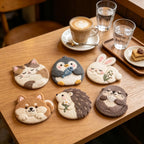 Wool Felt Animal Coasters Set of 6, Cat Dog Penguin Mug Mats for Drinks, 10 cm Diameter