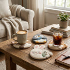 Wool Felt Animal Coasters Set of 6, Cat Dog Penguin Mug Mats for Drinks, 10 cm Diameter