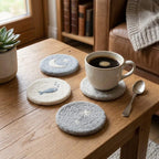 Wool Felt Coaster, Handmade Scandinavian Drink Coaster for Coffee Mug, Minimalist Desk Decor, 10 cm, Oat White, Slate Blue, Heather Grey