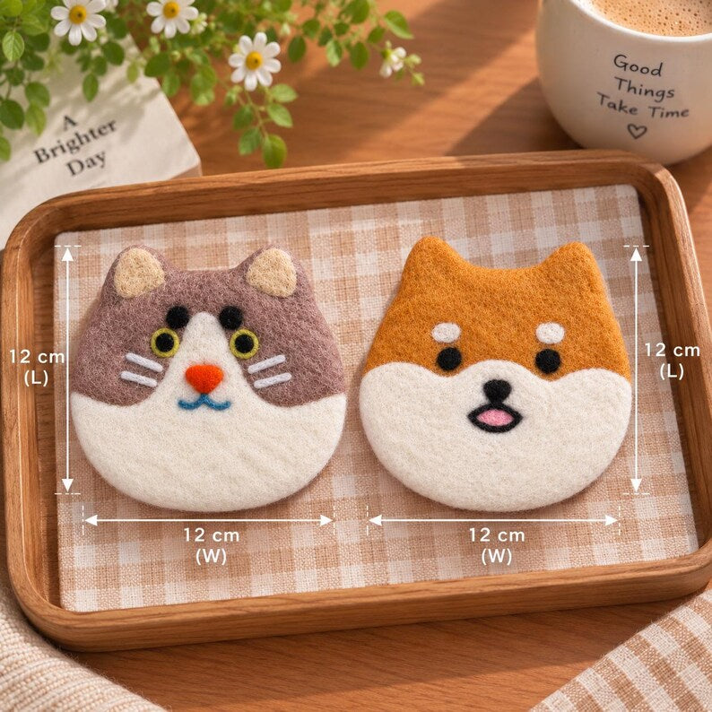 Wool Felt Drink Coaster Set - Cat or Shiba Inu Design - 12x12 cm - Handmade Animal Home Decor, Coffee Table Mat, Pet Lover Gift