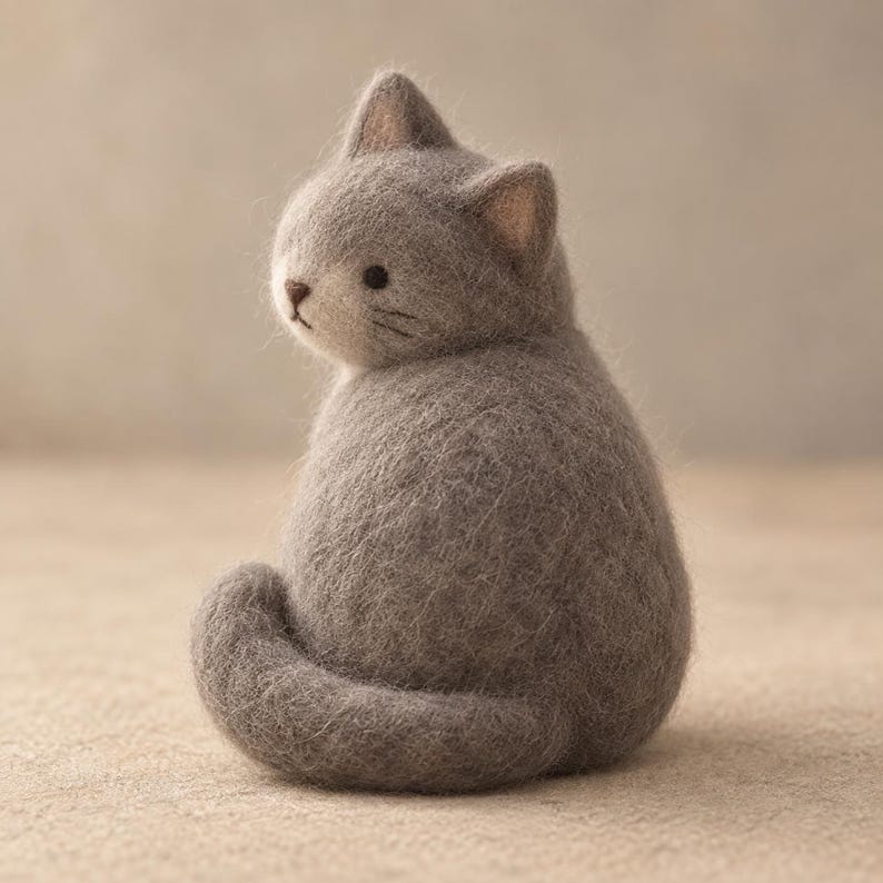 Needle Felted Cat Figurine Handmade Wool Kitten Minimalist Decor 2-3 Inch