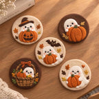 Handmade Wool Felt Coasters Set of 5, 10 cm, Halloween Ghost Pumpkin Bat Designs, Orange Brown Cream, Autumn Table Decor