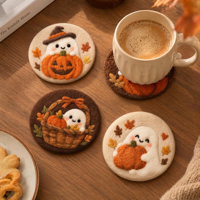 Handmade Wool Felt Coasters Set of 5, 10 cm, Halloween Ghost Pumpkin Bat Designs, Orange Brown Cream, Autumn Table Decor