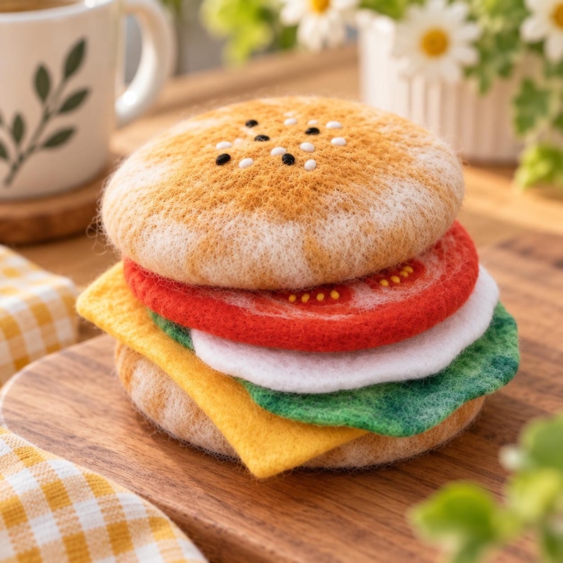 Wool Felt Hamburger Coaster Needle Felting Kit, DIY Craft Set with Wool Materials, Cheese Burger or Beef Burger Style, Makes 6-8 Coasters