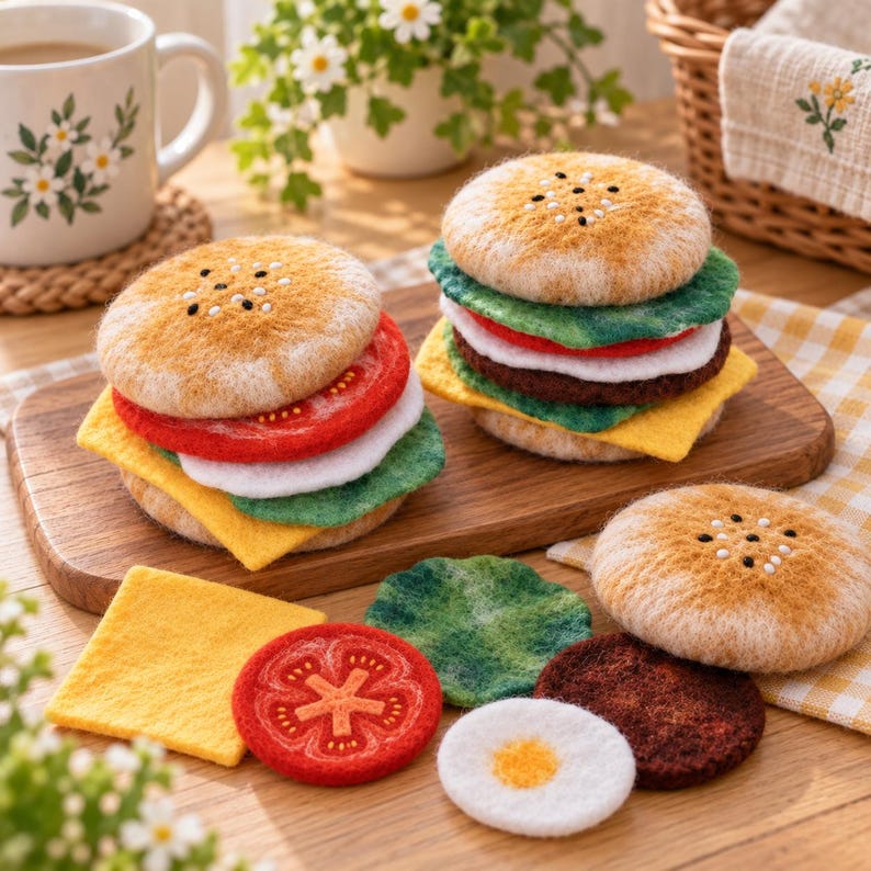 Wool Felt Hamburger Coaster Needle Felting Kit, DIY Craft Set with Wool Materials, Cheese Burger or Beef Burger Style, Makes 6-8 Coasters