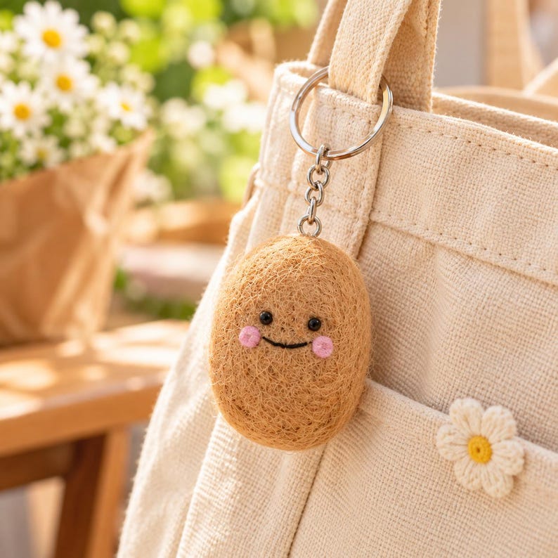 Wool Felt Potato Keychain with Smiling Face, Handmade Bag Charm, 6 cm, Multicolor