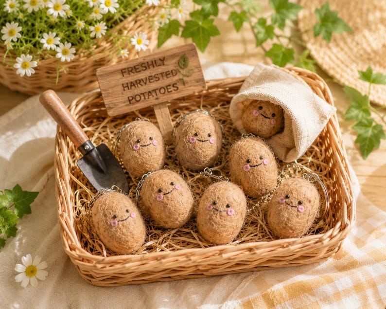 Wool Felt Potato Keychain with Smiling Face, Handmade Bag Charm, 6 cm, Multicolor