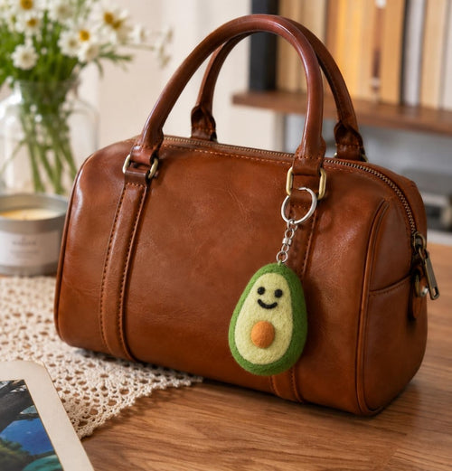 Avocado Wool Felt Keychain Handmade Bag Charm with Metal Keyring, Green