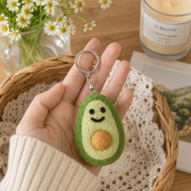 Avocado Wool Felt Keychain Handmade Bag Charm with Metal Keyring, Green