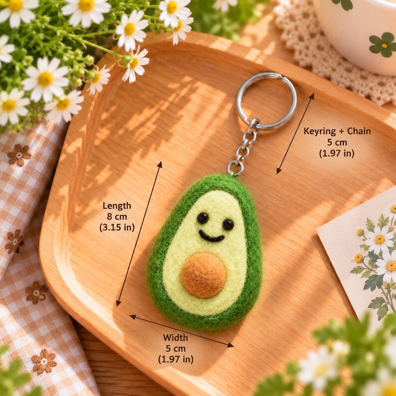 Avocado Wool Felt Keychain Handmade Bag Charm with Metal Keyring, Green