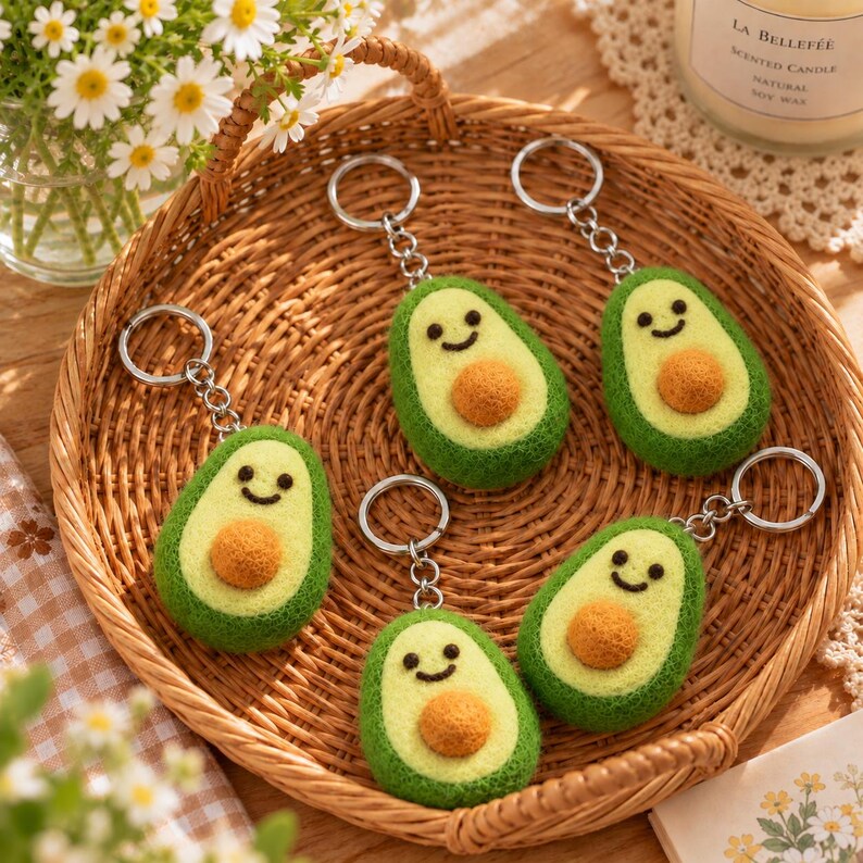 Avocado Wool Felt Keychain Handmade Bag Charm with Metal Keyring, Green