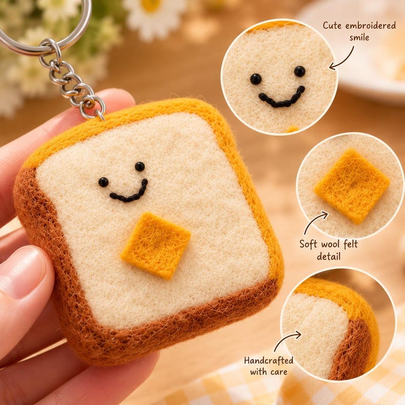 Handmade Wool Felt Smiling Toast Keychain, Yellow Butter Breakfast Bag Charm, Silver-Tone Metal Keyring, 6.5 x 6.5 cm