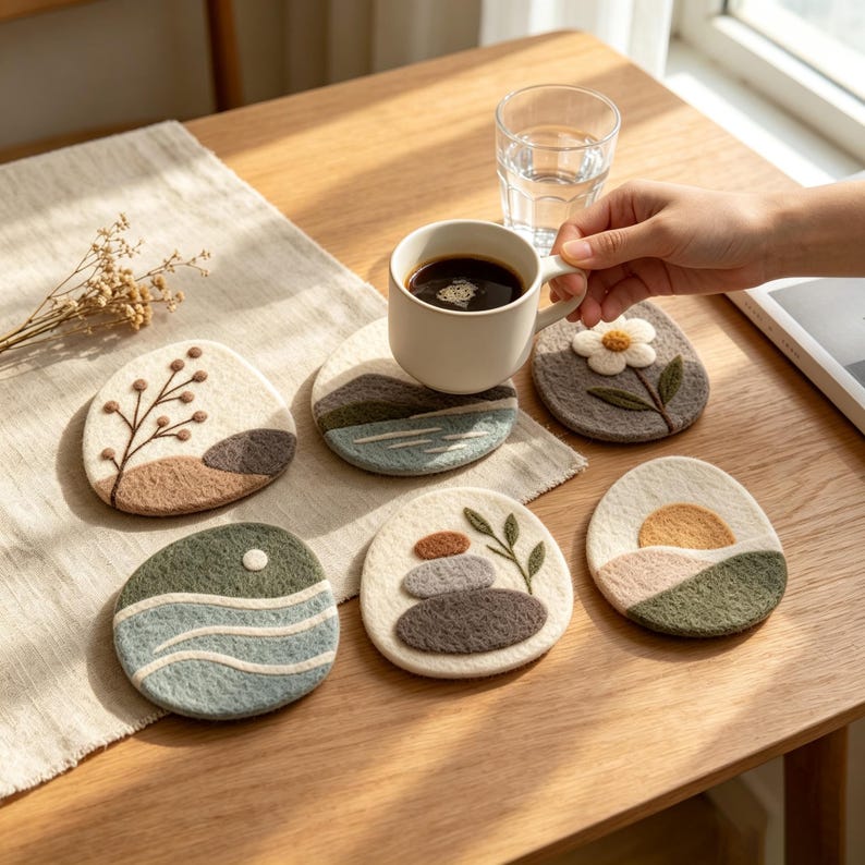 Wool Felt Coasters Set, 10 cm Pebble Mug Mats, Landscape Designs, 6 Styles, Natural Wool