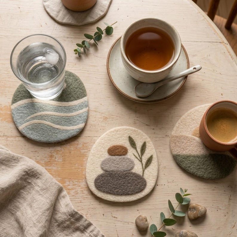 Wool Felt Coasters Set, 10 cm Pebble Mug Mats, Landscape Designs, 6 Styles, Natural Wool