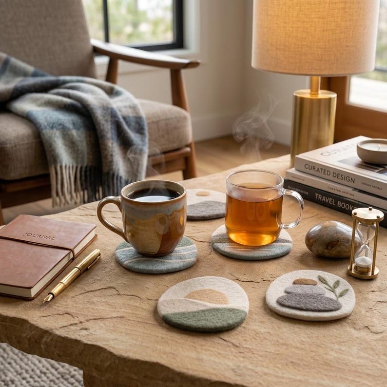 Wool Felt Coasters Set, 10 cm Pebble Mug Mats, Landscape Designs, 6 Styles, Natural Wool