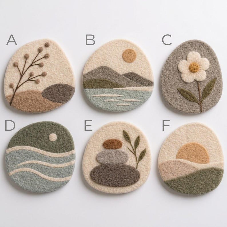 Wool Felt Coasters Set, 10 cm Pebble Mug Mats, Landscape Designs, 6 Styles, Natural Wool