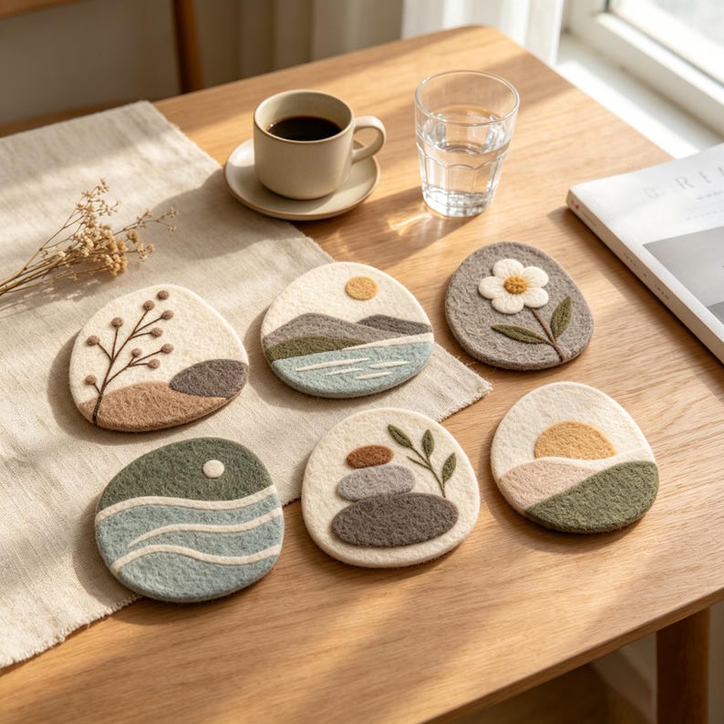 Wool Felt Coasters Set, 10 cm Pebble Mug Mats, Landscape Designs, 6 Styles, Natural Wool