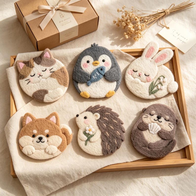 Wool Felt Animal Coasters Set of 6, Cat Dog Penguin Mug Mats for Drinks, 10 cm Diameter