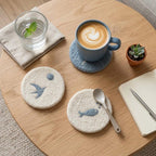 Wool Felt Coaster, Handmade Scandinavian Drink Coaster for Coffee Mug, Minimalist Desk Decor, 10 cm, Oat White, Slate Blue, Heather Grey