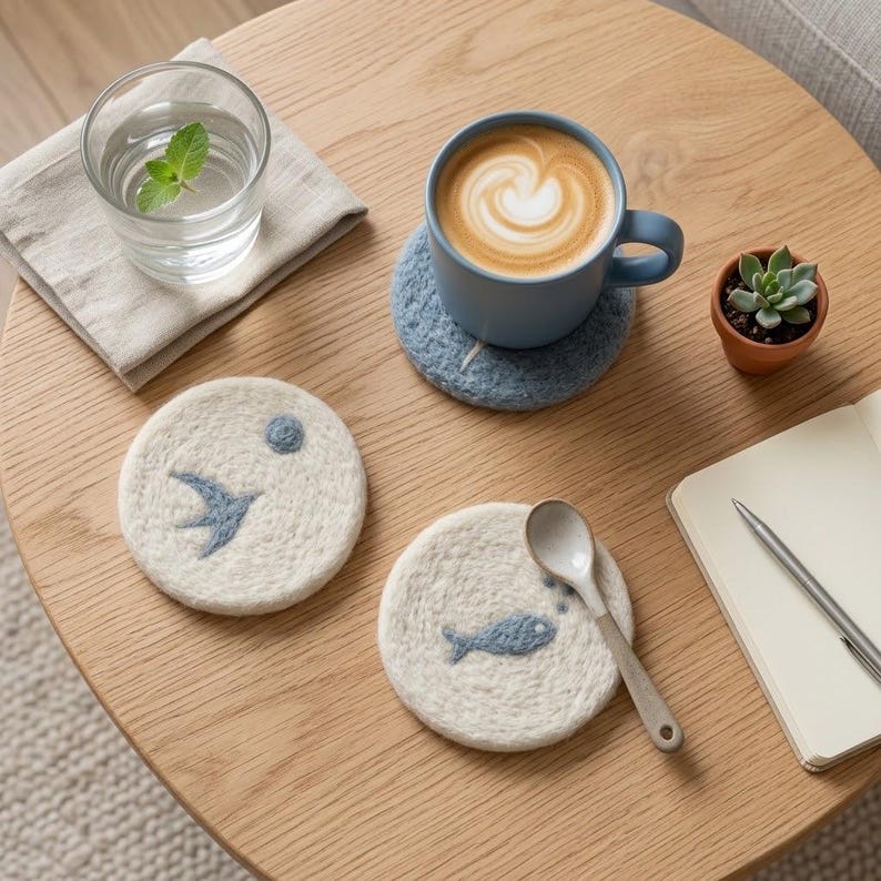 Wool Felt Coaster, Handmade Scandinavian Drink Coaster for Coffee Mug, Minimalist Desk Decor, 10 cm, Oat White, Slate Blue, Heather Grey