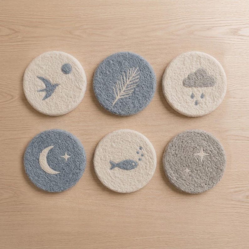 Wool Felt Coaster, Handmade Scandinavian Drink Coaster for Coffee Mug, Minimalist Desk Decor, 10 cm, Oat White, Slate Blue, Heather Grey