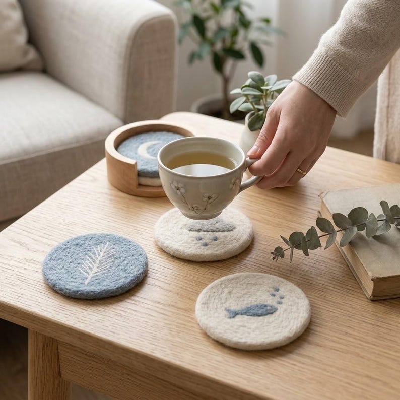 Wool Felt Coaster, Handmade Scandinavian Drink Coaster for Coffee Mug, Minimalist Desk Decor, 10 cm, Oat White, Slate Blue, Heather Grey