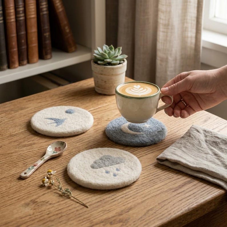 Wool Felt Coaster, Handmade Scandinavian Drink Coaster for Coffee Mug, Minimalist Desk Decor, 10 cm, Oat White, Slate Blue, Heather Grey