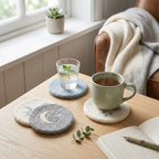 Wool Felt Coaster, Handmade Scandinavian Drink Coaster for Coffee Mug, Minimalist Desk Decor, 10 cm, Oat White, Slate Blue, Heather Grey