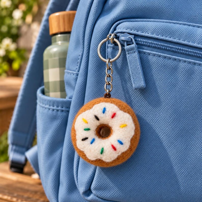 Handmade Wool Felt Donut Keychain with Colorful Sprinkles, Bag Charm for Keys and Backpacks