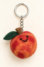 Felted Wool Peach Keychain with Smiling Face and Leaf, Metal Keyring Bag Charm