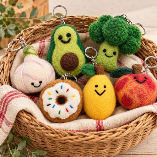 Felted Wool Peach Keychain with Smiling Face and Leaf, Metal Keyring Bag Charm